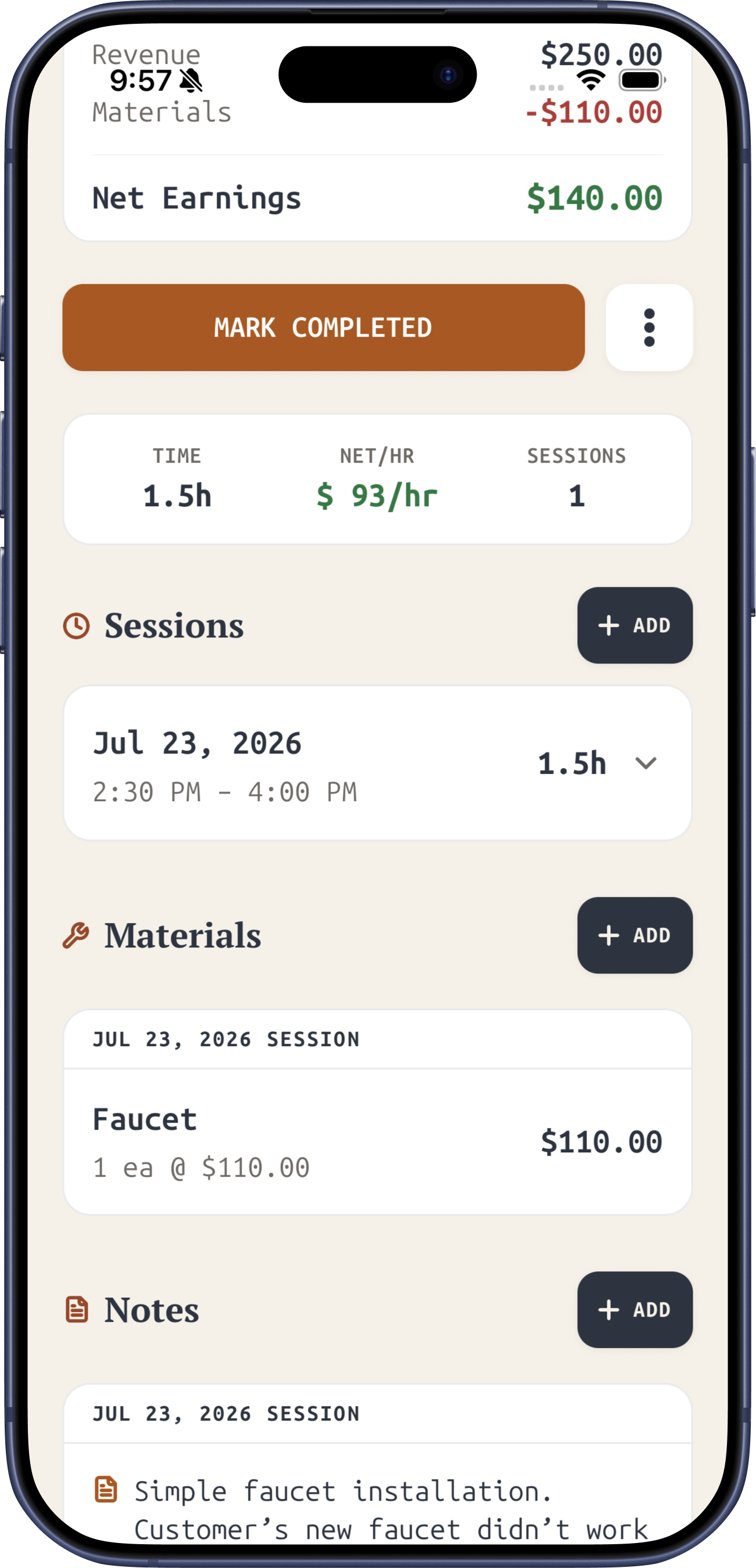 FieldSoli job notes and materials screen