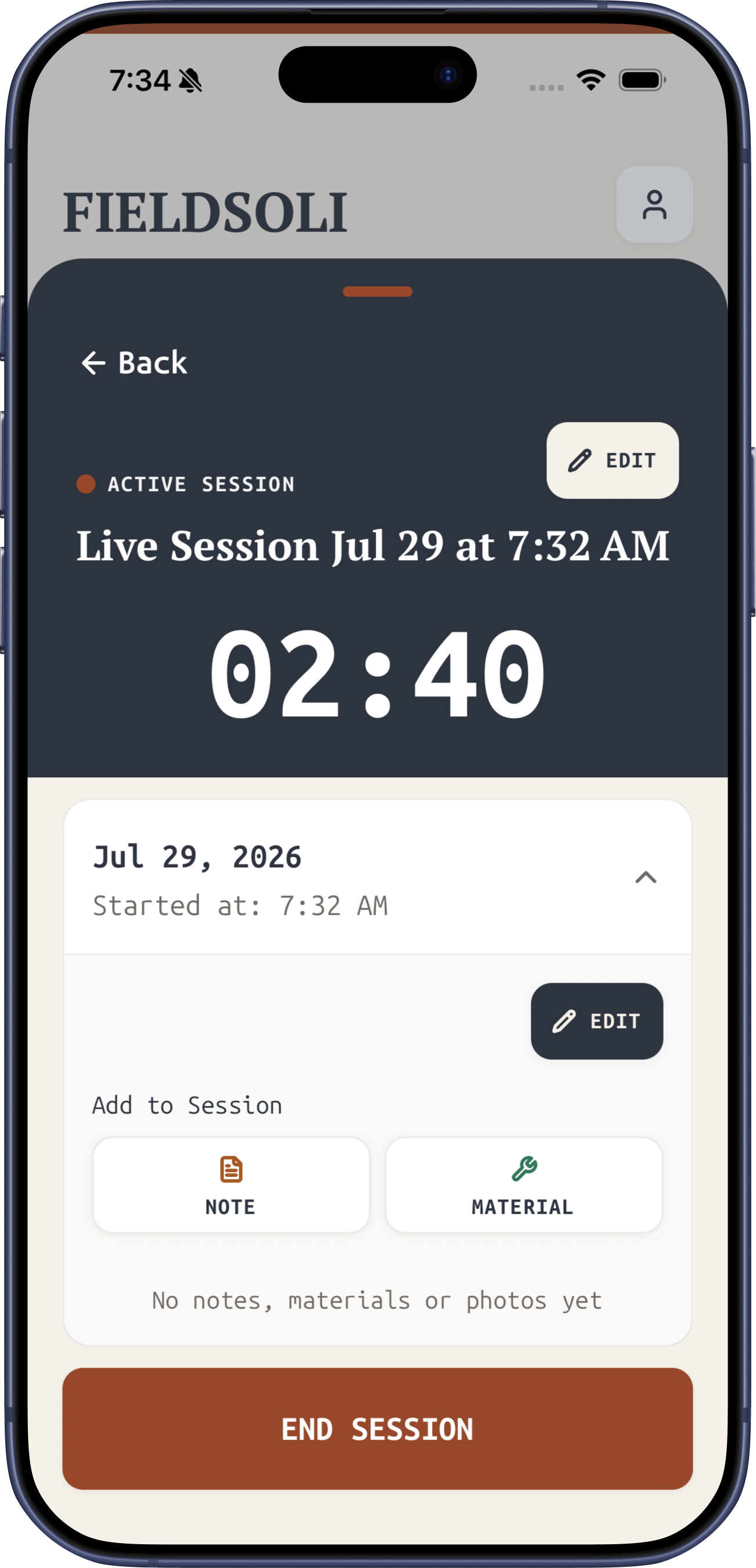 FieldSoli live job session screen