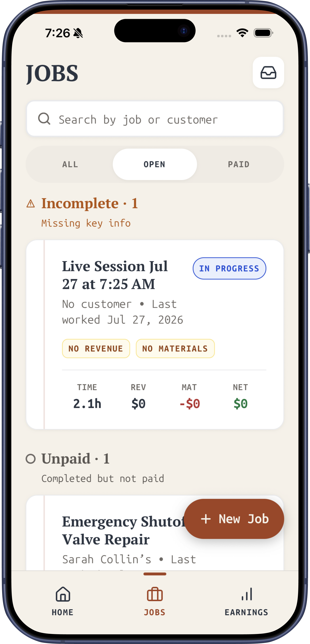 FieldSoli open jobs screen
